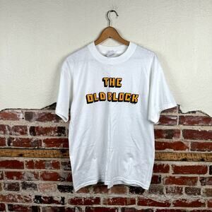 Vintage Funny Shirt Size Large White Short Sleeve The Old Block Idiom Humor Y2K